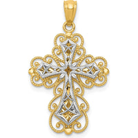14K Two-Tone Filigree Cross Pendant with Polished Finish - 29.5mm Length by Oro Pregiato