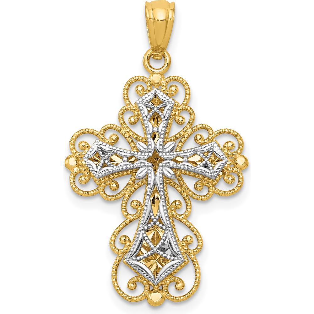 14K Two-Tone Filigree Cross Pendant with Polished Finish - 29.5mm Length by Oro Pregiato