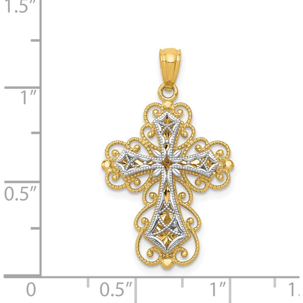 14K Two-Tone Filigree Cross Pendant with Polished Finish - 29.5mm Length by Oro Pregiato