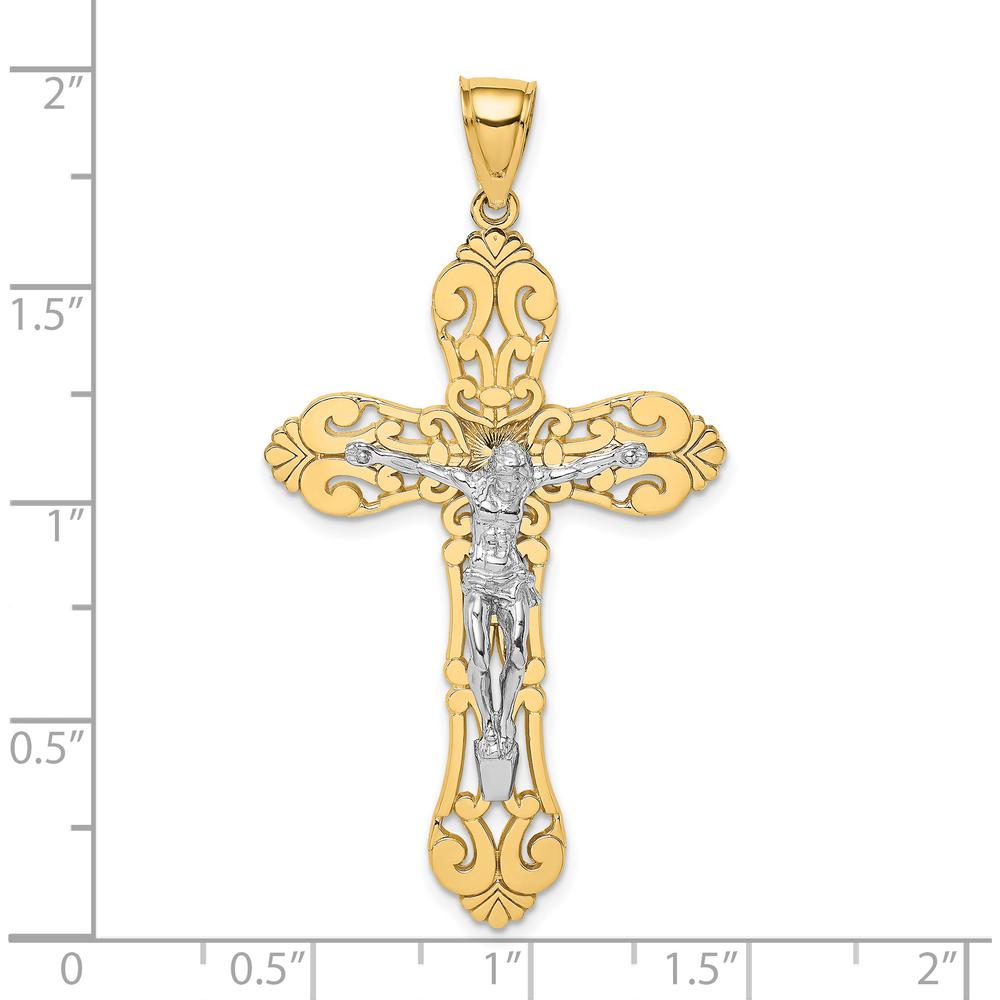 14K Two-Tone Filigree Crucifix Charm Pendant with Polished Finish by Oro Pregiato