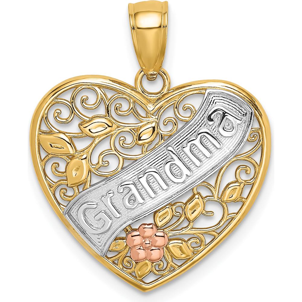 14K Two-Tone Filigree Heart Pendant with Rhodium Accents and Floral Design by Oro Pregiato
