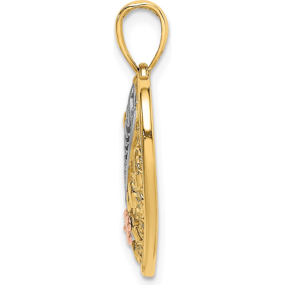 14K Two-Tone Filigree Heart Pendant with Rhodium Accents and Floral Design by Oro Pregiato