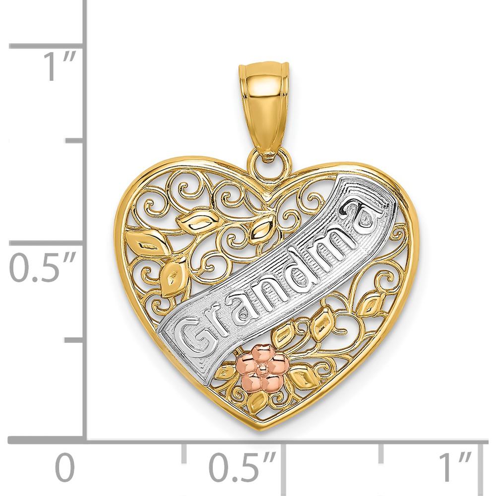 14K Two-Tone Filigree Heart Pendant with Rhodium Accents and Floral Design by Oro Pregiato