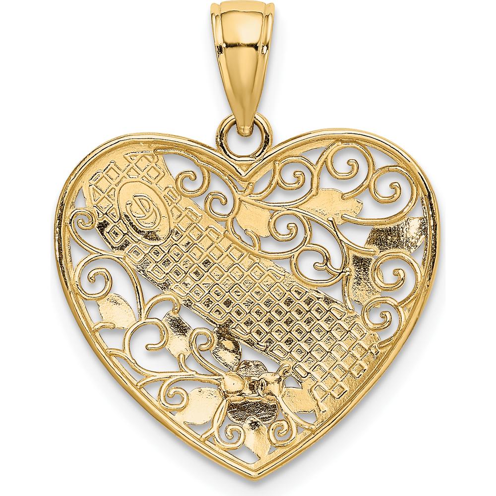 14K Two-Tone Filigree Heart Pendant with Rhodium Accents and Floral Design by Oro Pregiato