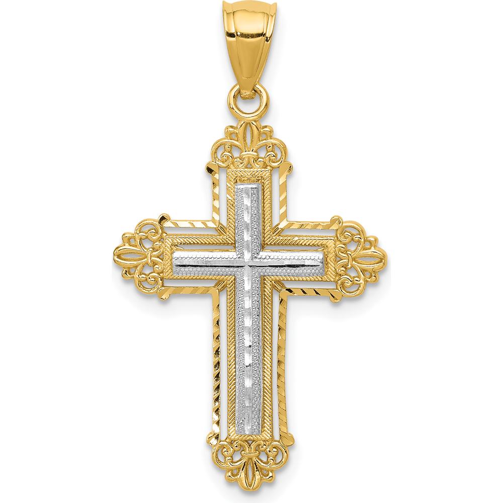 14K Two-Tone Fleur De Lis Cross Pendant - 33mm Length, 19mm Width by Oro Pregiato