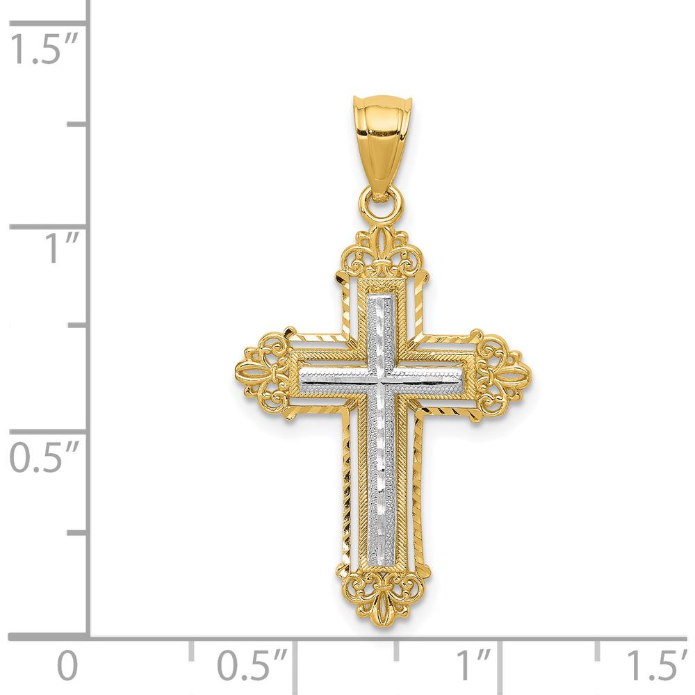 14K Two-Tone Fleur De Lis Cross Pendant - 33mm Length, 19mm Width by Oro Pregiato