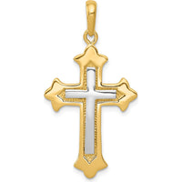 14K Two-Tone Fleur De Lis Cross Pendant in Polished Gold - Elegant Religious Jewelry by Oro Pregiato
