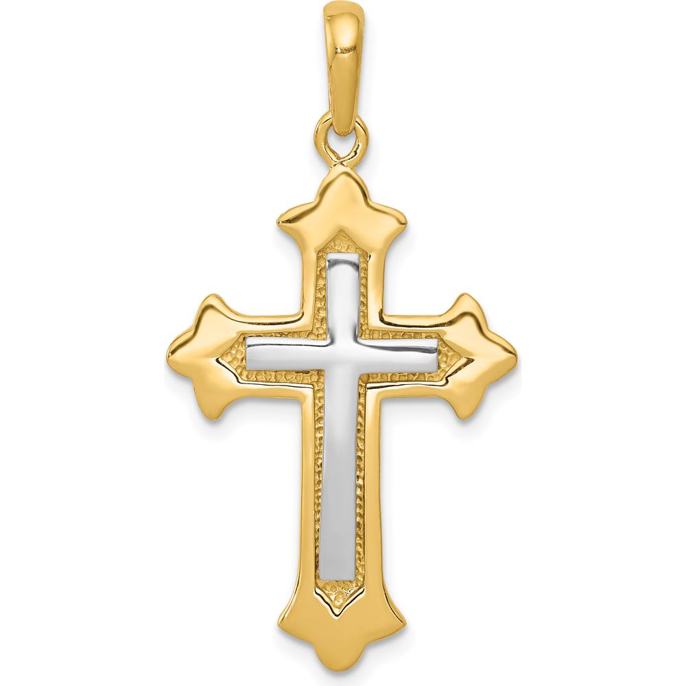 14K Two-Tone Fleur De Lis Cross Pendant in Polished Gold - Elegant Religious Jewelry by Oro Pregiato