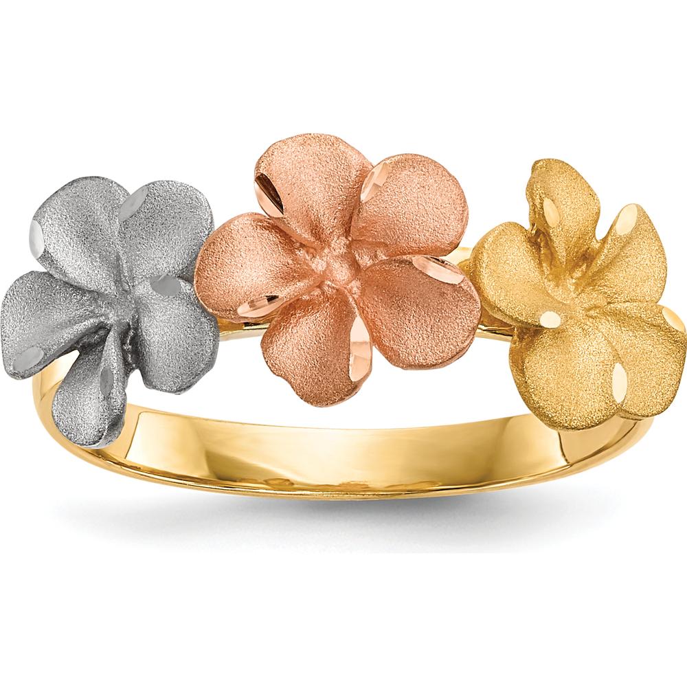 14K Two-Tone Floral Plumeria Ring with Rhodium Satin Diamond-Cut Texture by 0