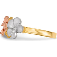 14K Two-Tone Floral Plumeria Ring with Rhodium Satin Diamond-Cut Texture by 0