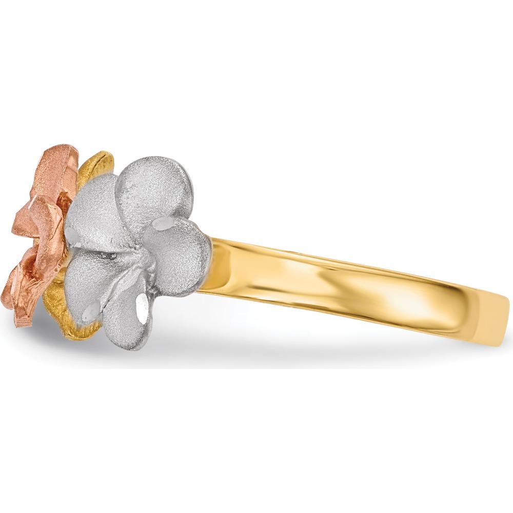 14K Two-Tone Floral Plumeria Ring with Rhodium Satin Diamond-Cut Texture by 0