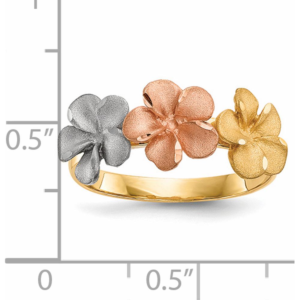 14K Two-Tone Floral Plumeria Ring with Rhodium Satin Diamond-Cut Texture by 0