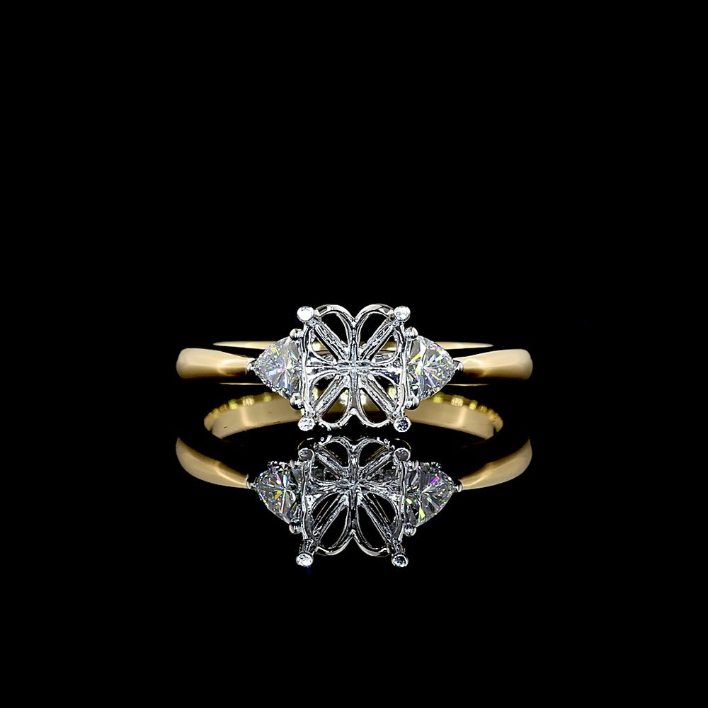 14K Two-Tone Gold 0.26 Carat Total Weight Three-Stone Ring with Floral Center and Trillion Cut Lab-Grown Diamonds - Covaloro Fine Jewelry