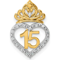 14K Two-Tone Gold 1/15 Carat Diamond Quinceañera Heart Pendant with Crown by Oro Pregiato