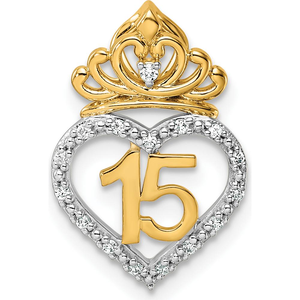 14K Two-Tone Gold 1/15 Carat Diamond Quinceañera Heart Pendant with Crown by Oro Pregiato