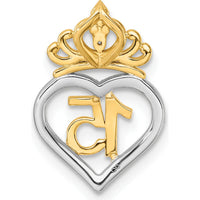 14K Two-Tone Gold 1/15 Carat Diamond Quinceañera Heart Pendant with Crown by Oro Pregiato