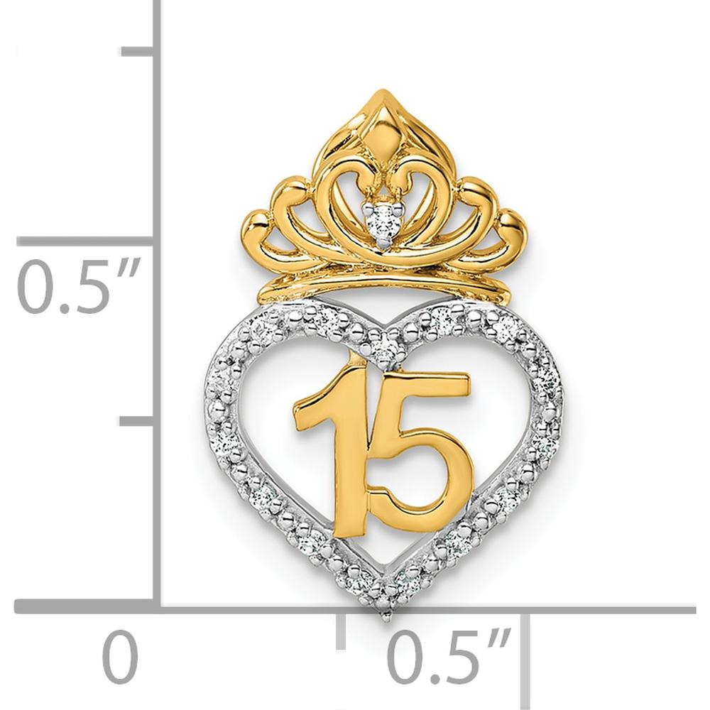 14K Two-Tone Gold 1/15 Carat Diamond Quinceañera Heart Pendant with Crown by Oro Pregiato