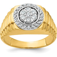 14K Two-Tone Gold 1/2 Carat AA Quality Diamond Cluster Ring with Polished Satin and Ribbed Band by IBGoodman
