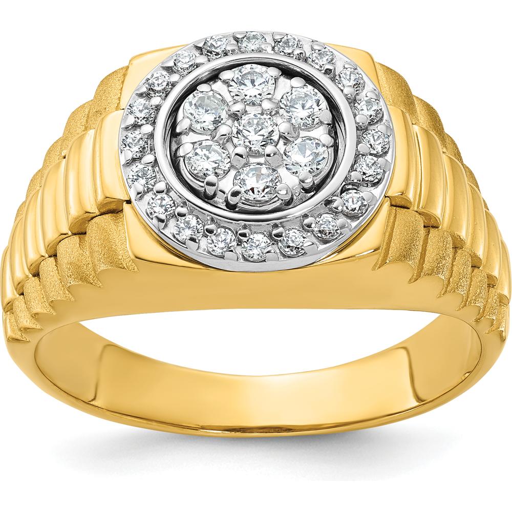14K Two-Tone Gold 1/2 Carat AA Quality Diamond Cluster Ring with Polished Satin and Ribbed Band by IBGoodman