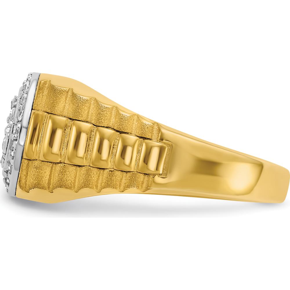 14K Two-Tone Gold 1/2 Carat AA Quality Diamond Cluster Ring with Polished Satin and Ribbed Band by IBGoodman