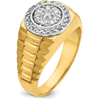 14K Two-Tone Gold 1/2 Carat AA Quality Diamond Cluster Ring with Polished Satin and Ribbed Band by IBGoodman