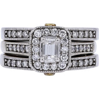 14K Two-Tone Gold 1.70 Carats Emerald Cut Diamond Halo Bridal Set