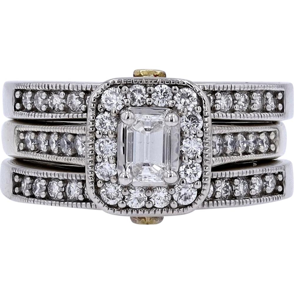 14K Two-Tone Gold 1.70 Carats Emerald Cut Diamond Halo Bridal Set