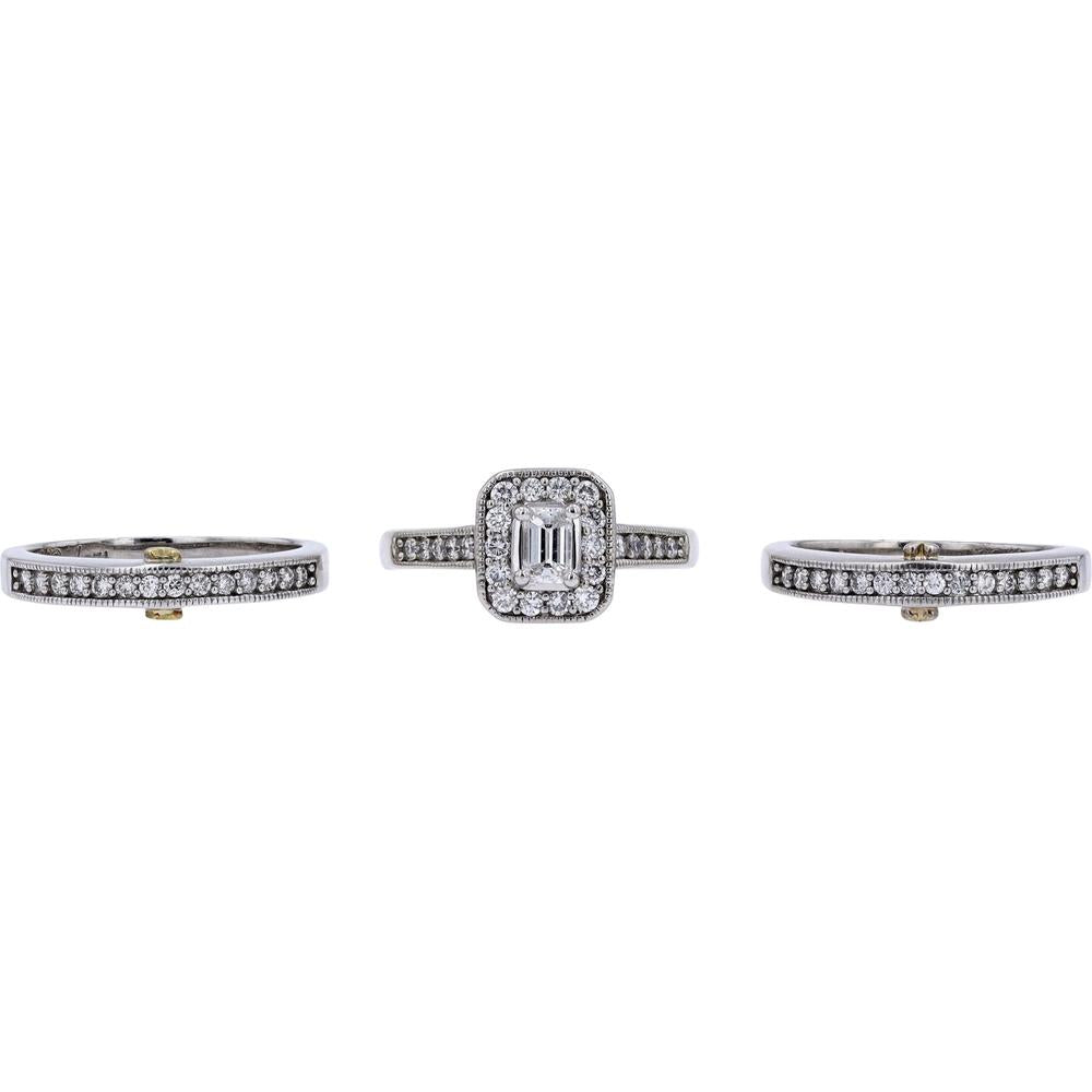 14K Two-Tone Gold 1.70 Carats Emerald Cut Diamond Halo Bridal Set