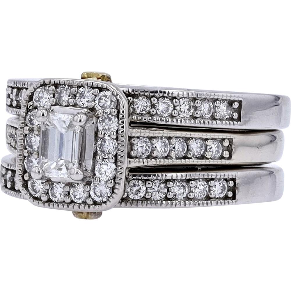14K Two-Tone Gold 1.70 Carats Emerald Cut Diamond Halo Bridal Set
