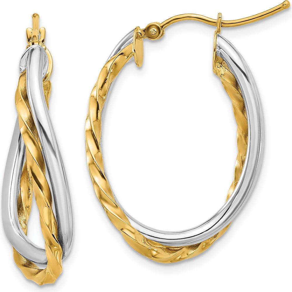 14K Two-Tone Gold 19mm Twisted Oval Hoop Earrings in Polished & Textured Finish by Oro Pregiato