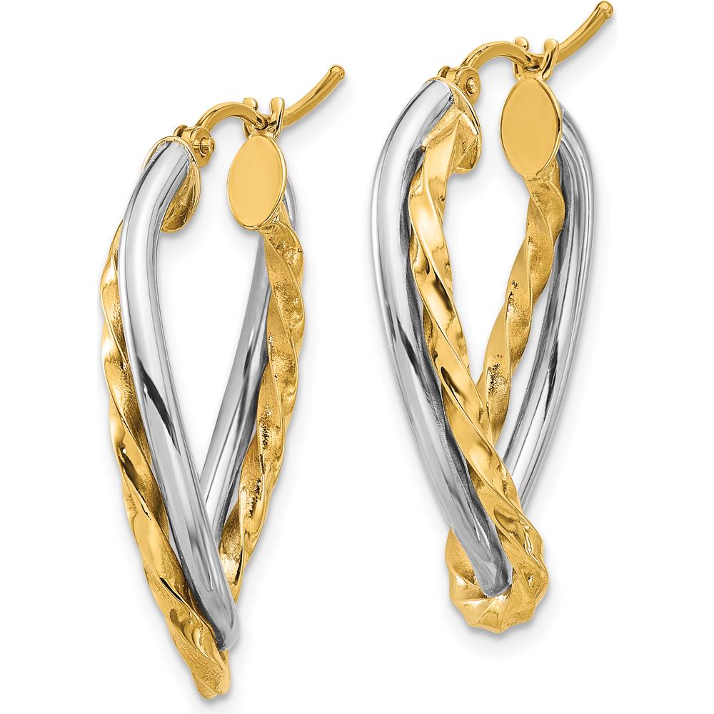 14K Two-Tone Gold 19mm Twisted Oval Hoop Earrings in Polished & Textured Finish by Oro Pregiato