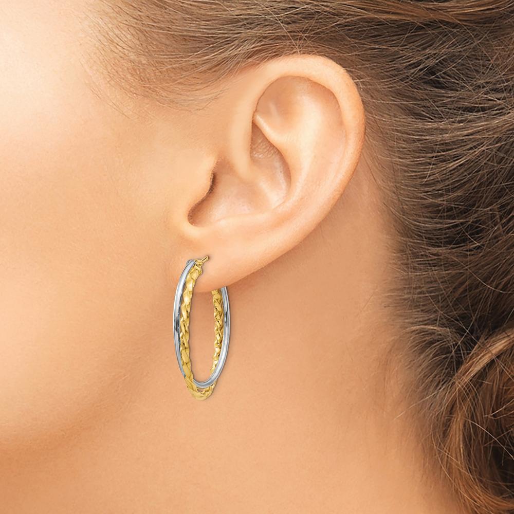 14K Two-Tone Gold 19mm Twisted Oval Hoop Earrings in Polished & Textured Finish by Oro Pregiato
