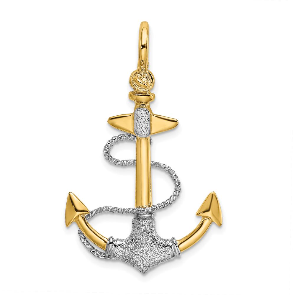 14K Two-Tone Gold 3D Textured Anchor Pendant with Rope Design - Polished Finish by Oro Pregiato