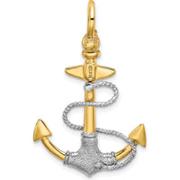 14K Two-Tone Gold 3D Textured Anchor Pendant with Rope Design - Polished Finish by Oro Pregiato