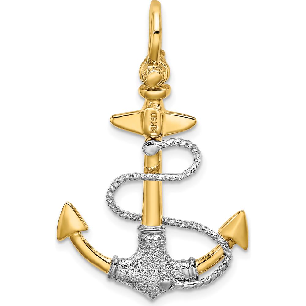 14K Two-Tone Gold 3D Textured Anchor Pendant with Rope Design - Polished Finish by Oro Pregiato