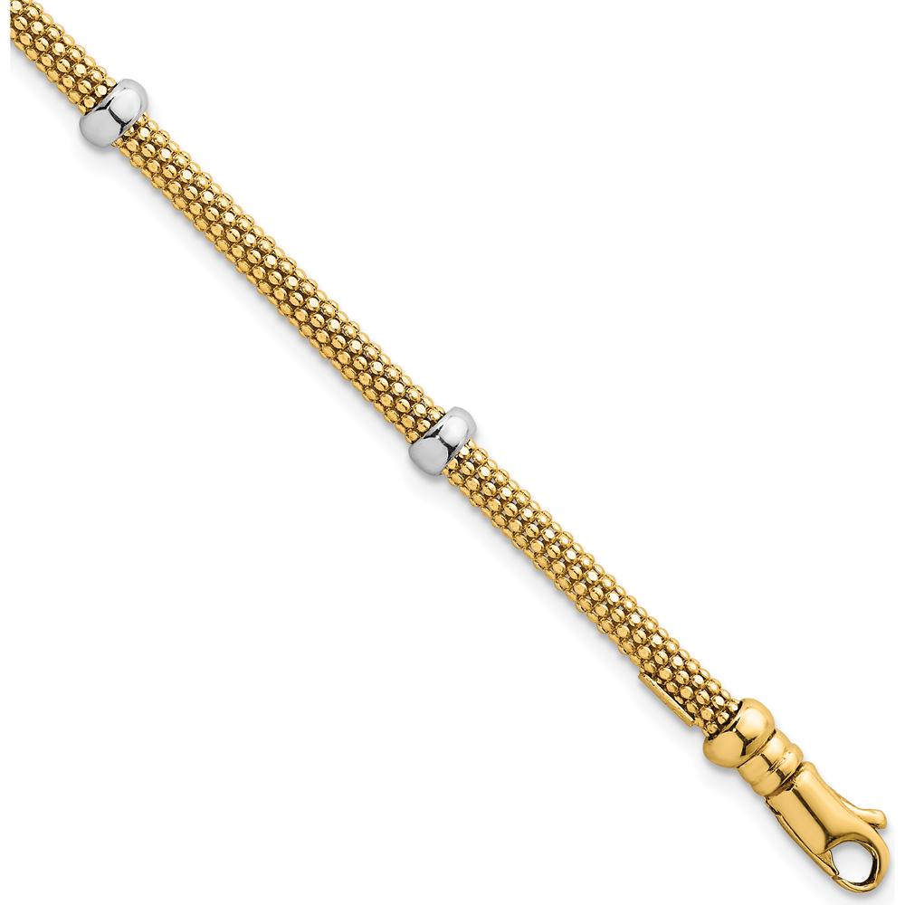 14K Two-Tone Gold 7.25" Fancy Mesh Bracelet with Polished Bead Accents - 7.5mm Width by 0