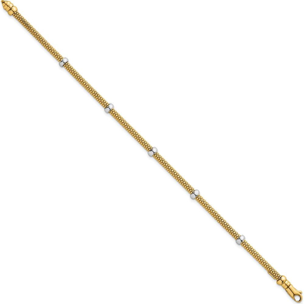 14K Two-Tone Gold 7.25" Fancy Mesh Bracelet with Polished Bead Accents - 7.5mm Width by 0