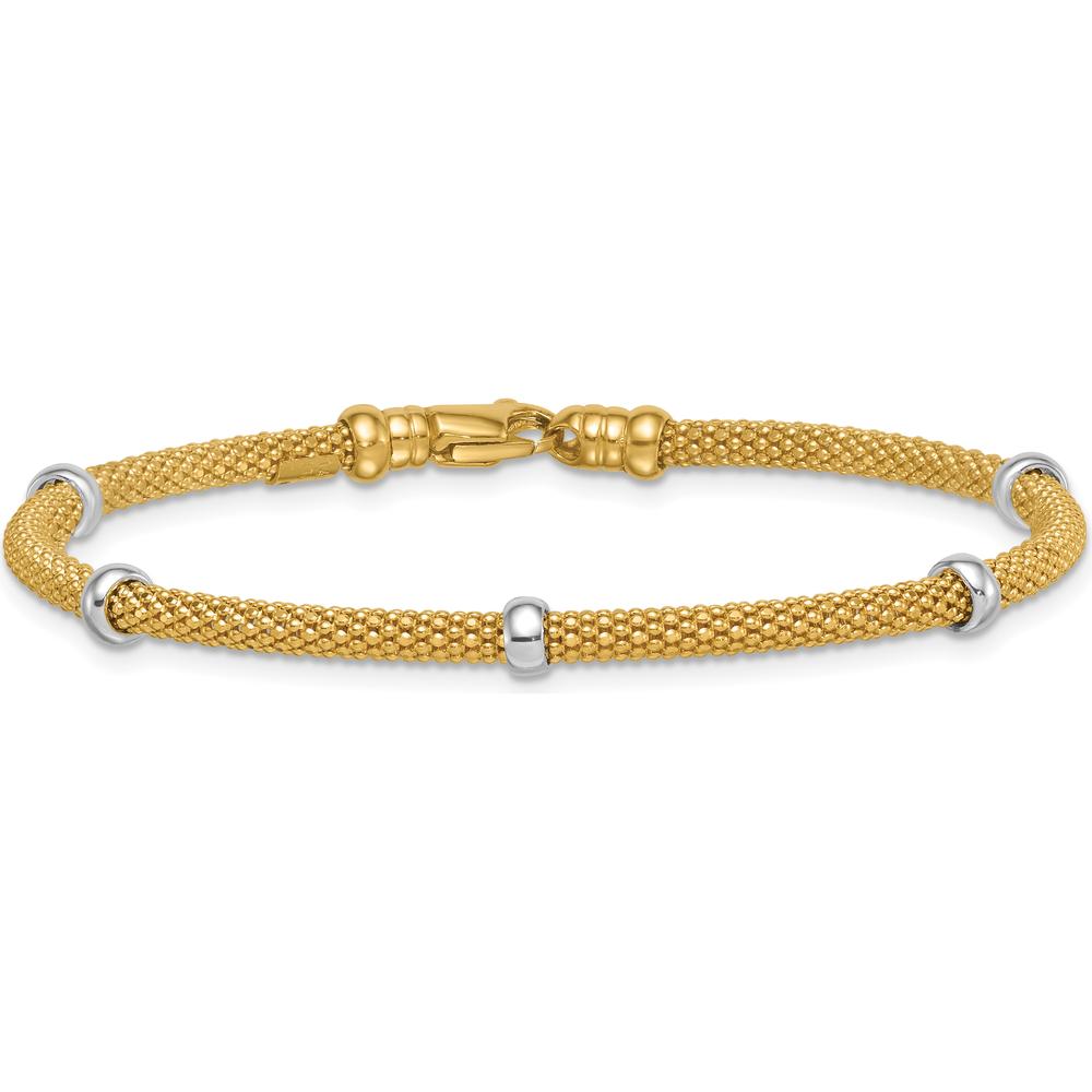 14K Two-Tone Gold 7.25" Fancy Mesh Bracelet with Polished Bead Accents - 7.5mm Width by 0