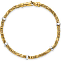 14K Two-Tone Gold 7.25" Fancy Mesh Bracelet with Polished Bead Accents - 7.5mm Width by 0