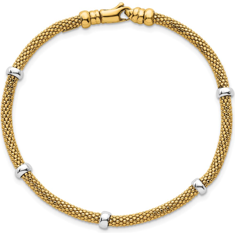 14K Two-Tone Gold 7.25" Fancy Mesh Bracelet with Polished Bead Accents - 7.5mm Width by 0