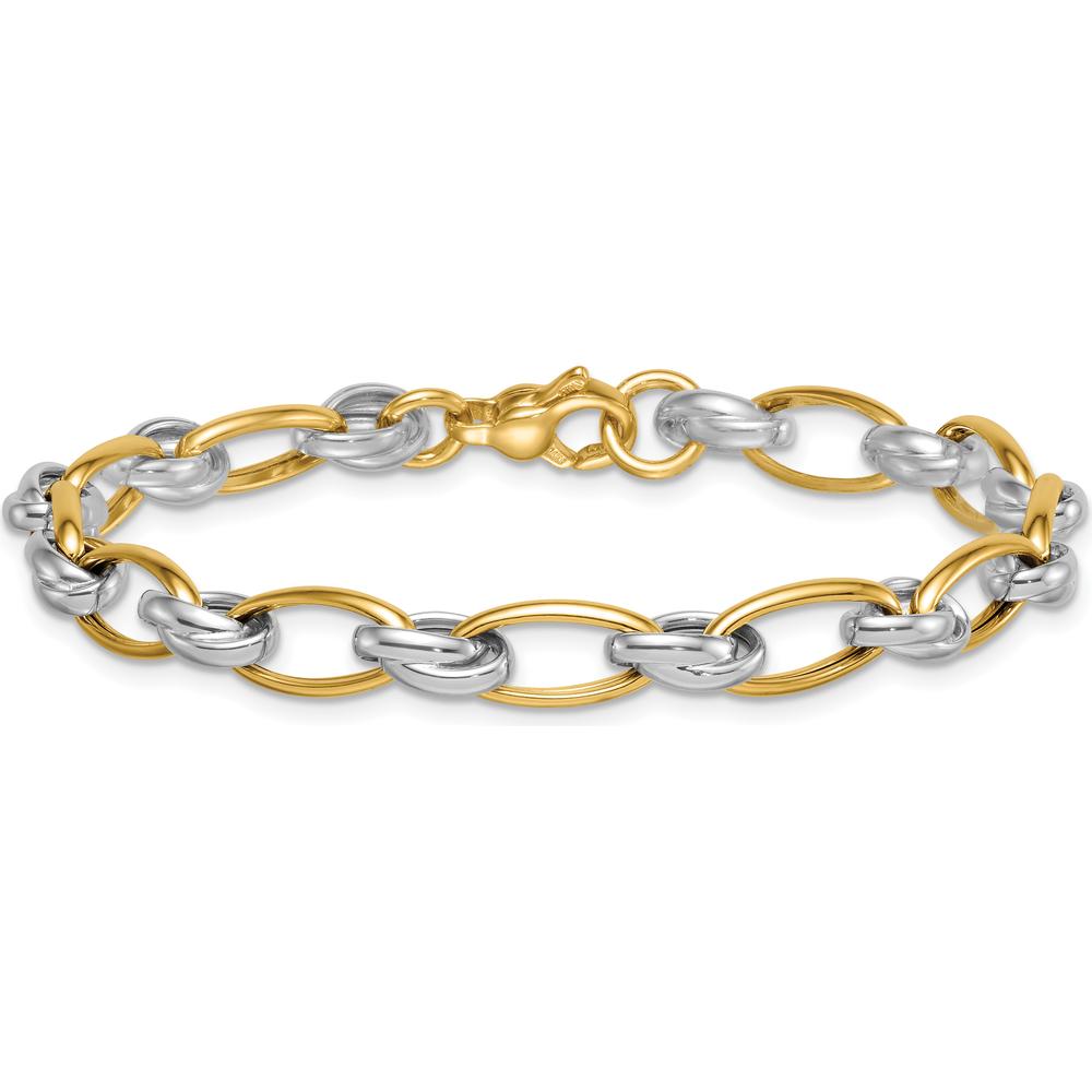 14K Two-Tone Gold 7.5" Polished Fancy Oval Link Bracelet - 7mm Width by 0