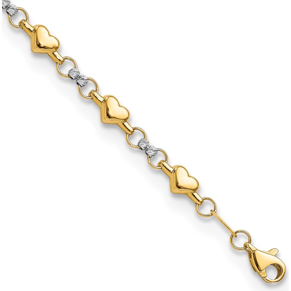 14K Two-Tone Gold 7.5" Polished Puffed Hearts Bracelet with Diamond-cut Beads by Oro Pregiato