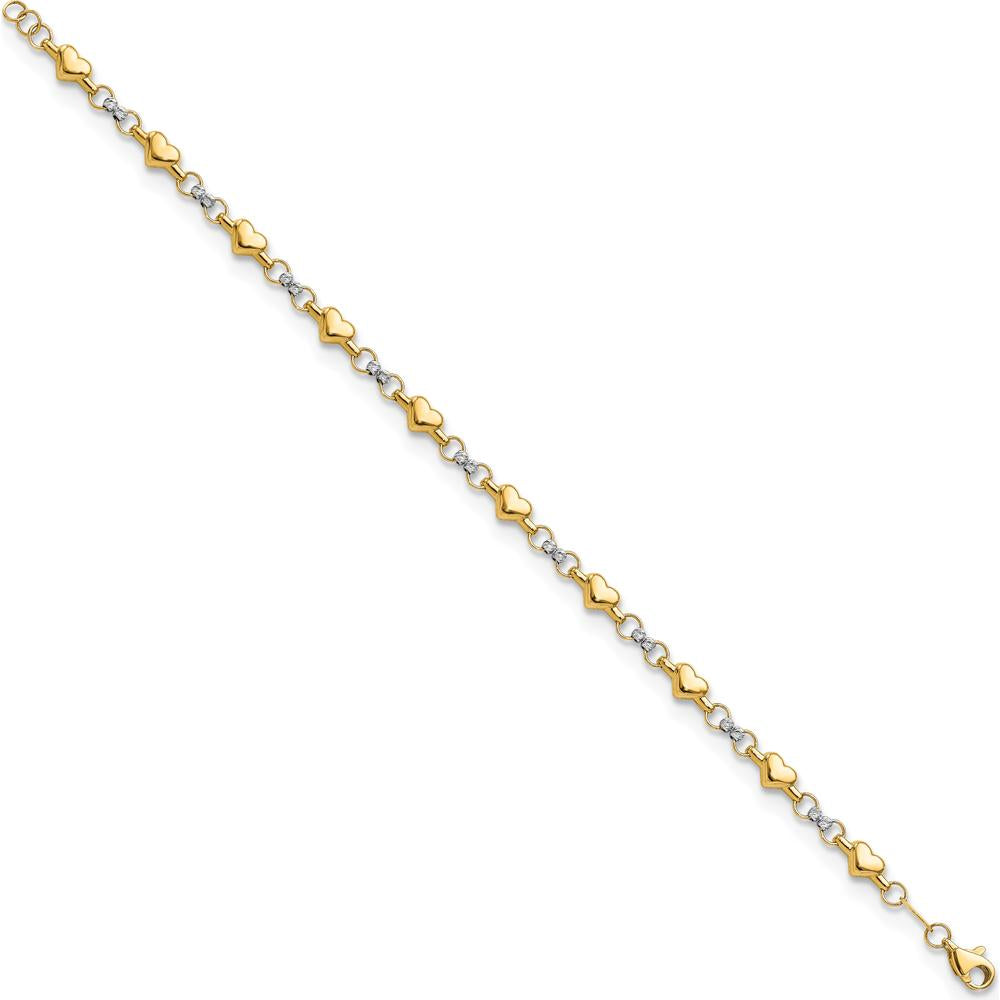 14K Two-Tone Gold 7.5" Polished Puffed Hearts Bracelet with Diamond-cut Beads by Oro Pregiato