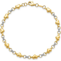 14K Two-Tone Gold 7.5" Polished Puffed Hearts Bracelet with Diamond-cut Beads by Oro Pregiato
