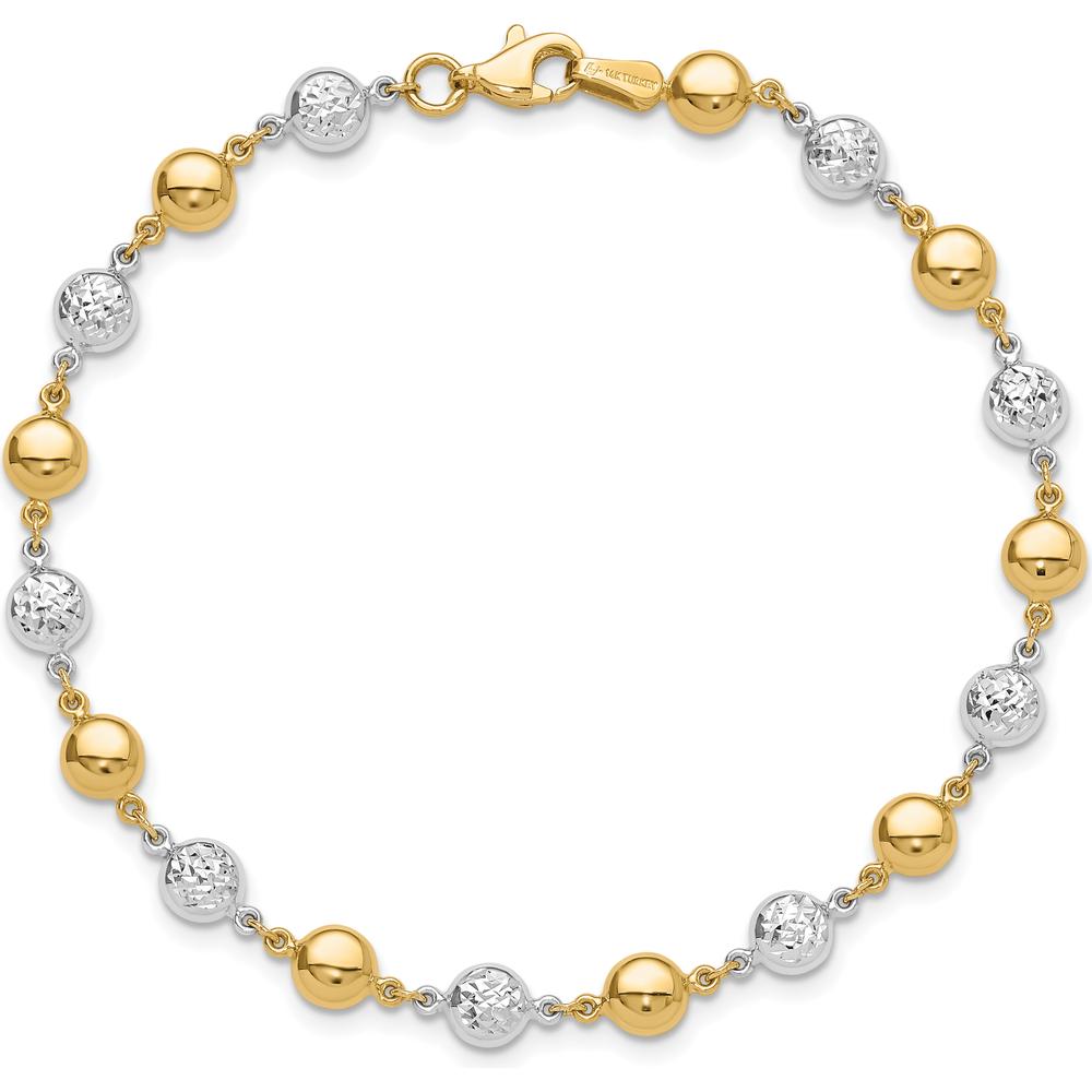 14K Two-Tone Gold 7.75" Beaded Bracelet with Polished and Diamond-Cut Puffed Beads by Oro Pregiato