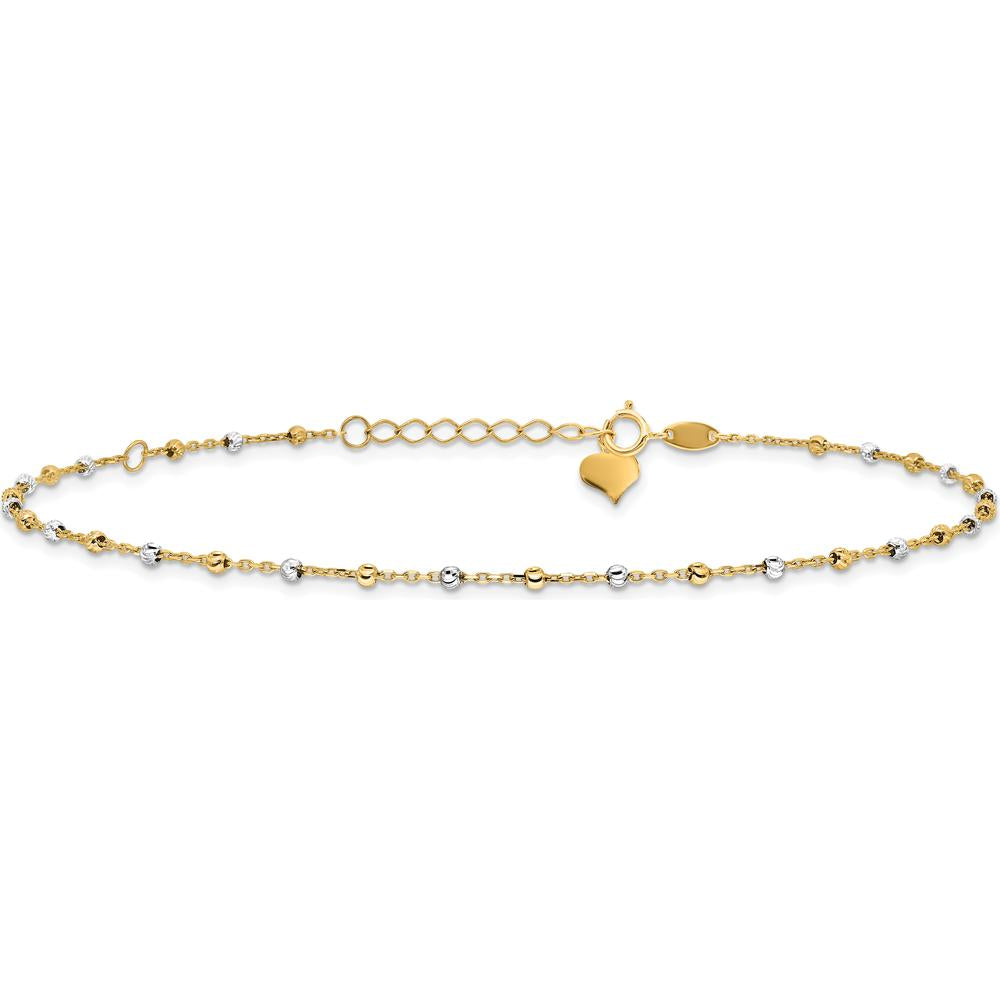 14K Two-Tone Gold Adjustable Diamond-Cut Bead Anklet with 1" Extender