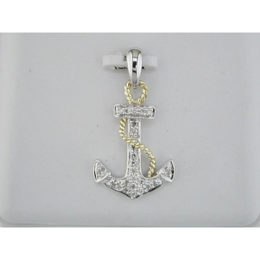 14K Two-Tone Gold Anchor Pendant with 0.16 Carat Round Brilliant Diamonds and Yellow Gold Rope Detailing - Royal Jewelry