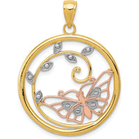 14K Two-Tone Gold and Rhodium Butterfly Pendant with Leaf Design - 33mm Length by Oro Pregiato