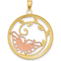 14K Two-Tone Gold and Rhodium Butterfly Pendant with Leaf Design - 33mm Length by Oro Pregiato
