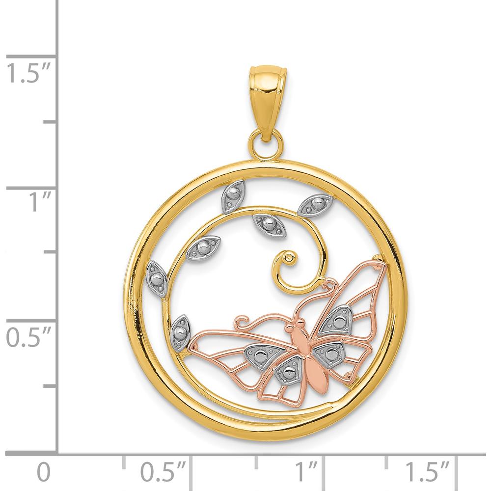 14K Two-Tone Gold and Rhodium Butterfly Pendant with Leaf Design - 33mm Length by Oro Pregiato